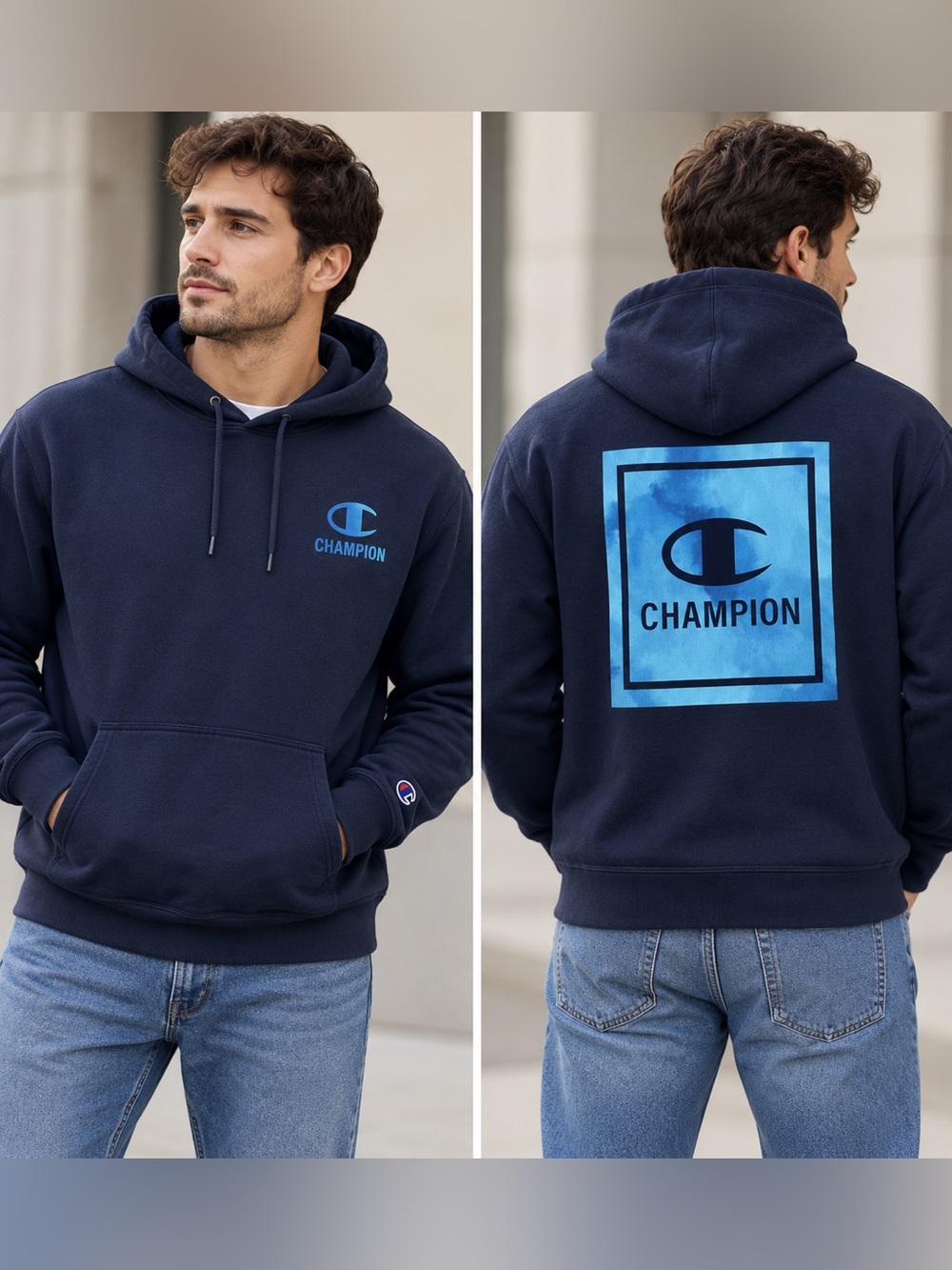 Champion Men's Navy Hoodie with Blue Logo Sz L